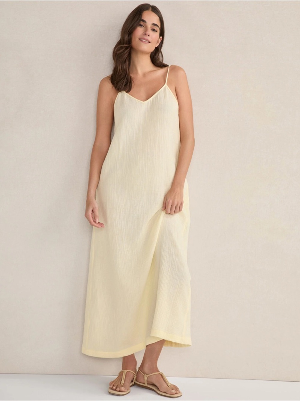 Pale Yellow Organic Cotton Spaghetti-Strap Maxi Slip Dress